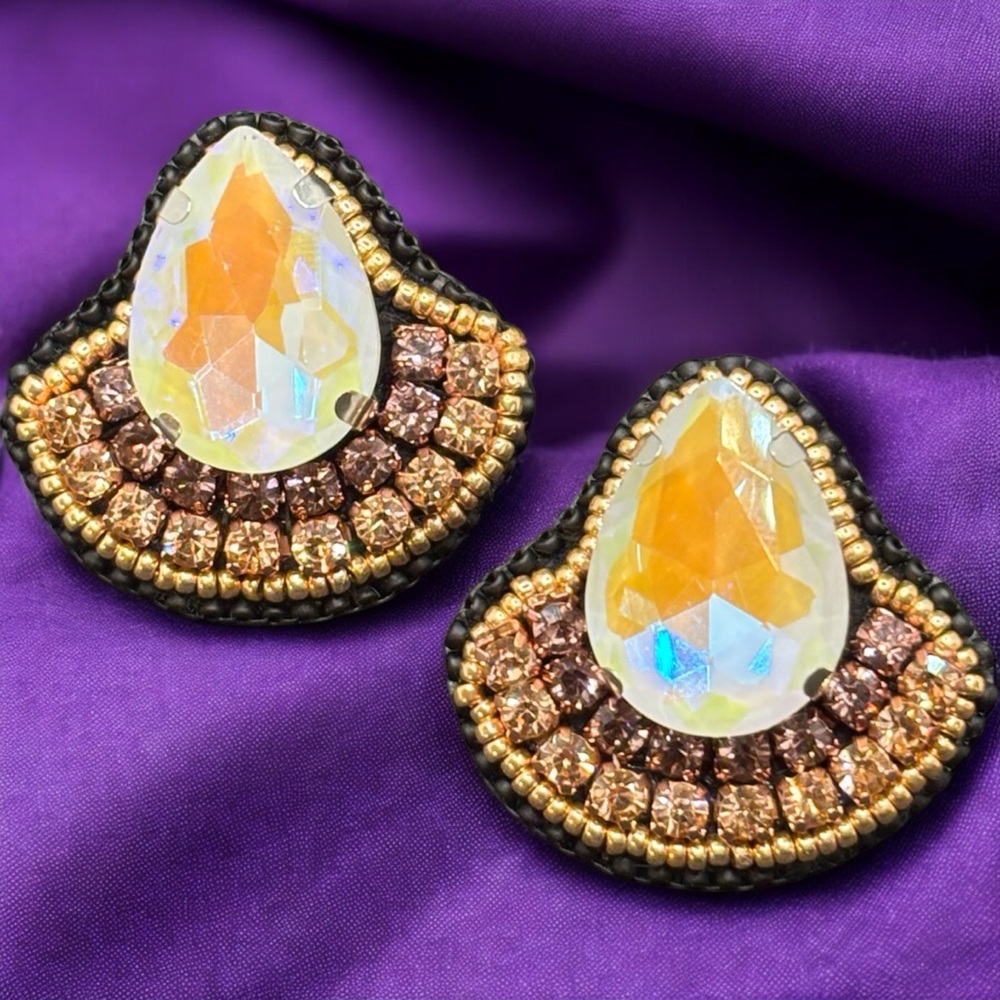Handmade Golden Sunrise Tear Earrings with Sparkling Crystals and Beaded